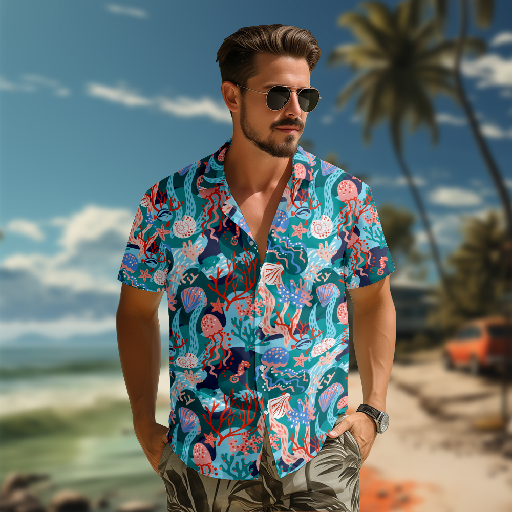 100% Cotton Men's Green Jellyfish Print Short Sleeve Shirt