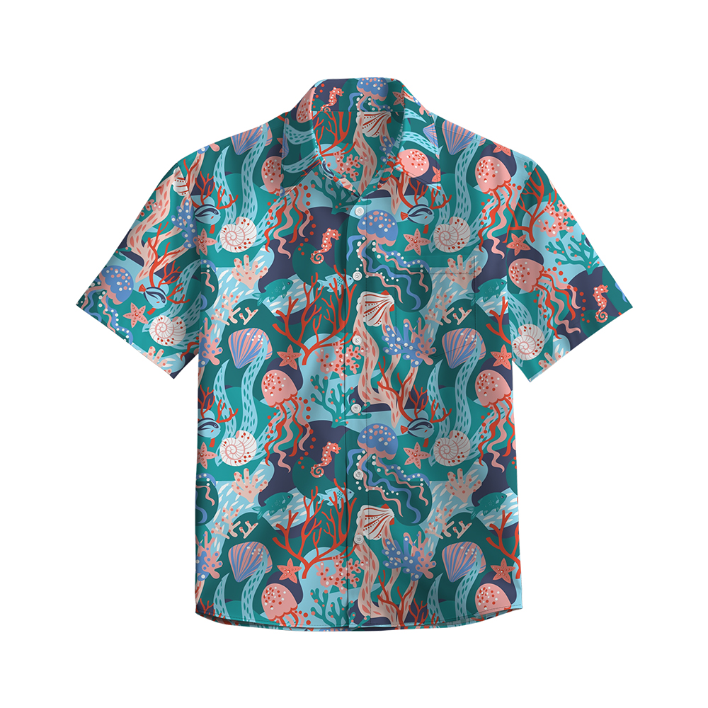 100% Cotton Men's Green Jellyfish Print Short Sleeve Shirt