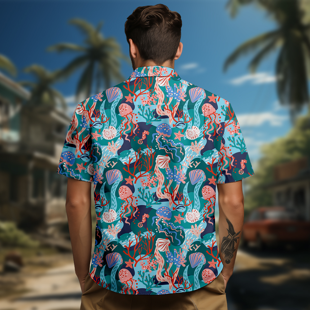 100% Cotton Men's Green Jellyfish Print Short Sleeve Shirt