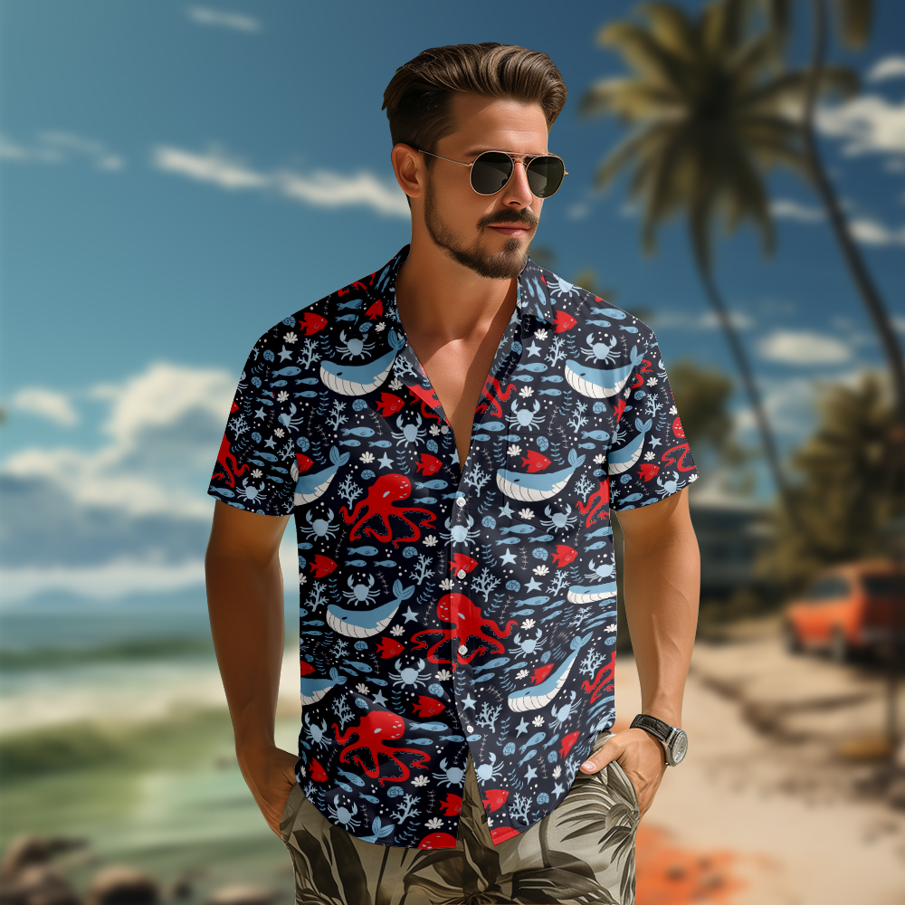 100% Cotton Men's Black Whale Print Short Sleeve Shirt
