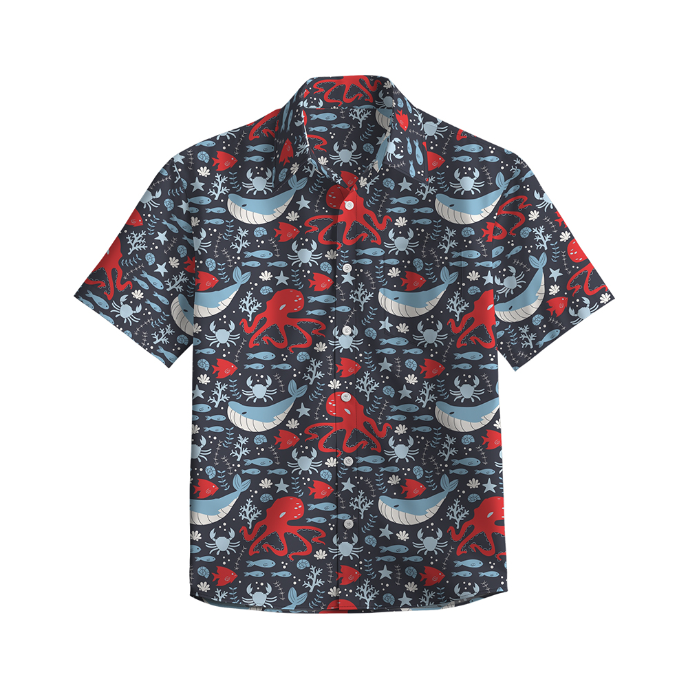100% Cotton Men's Black Whale Print Short Sleeve Shirt