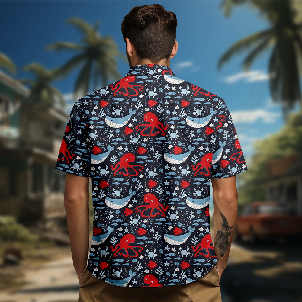 100% Cotton Men's Black Whale Print Short Sleeve Shirt