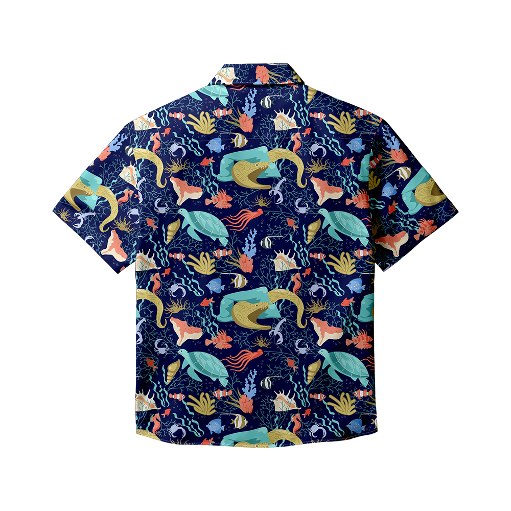 100% Cotton Men's Dark Blue Ocean Print Short Sleeve Shirt