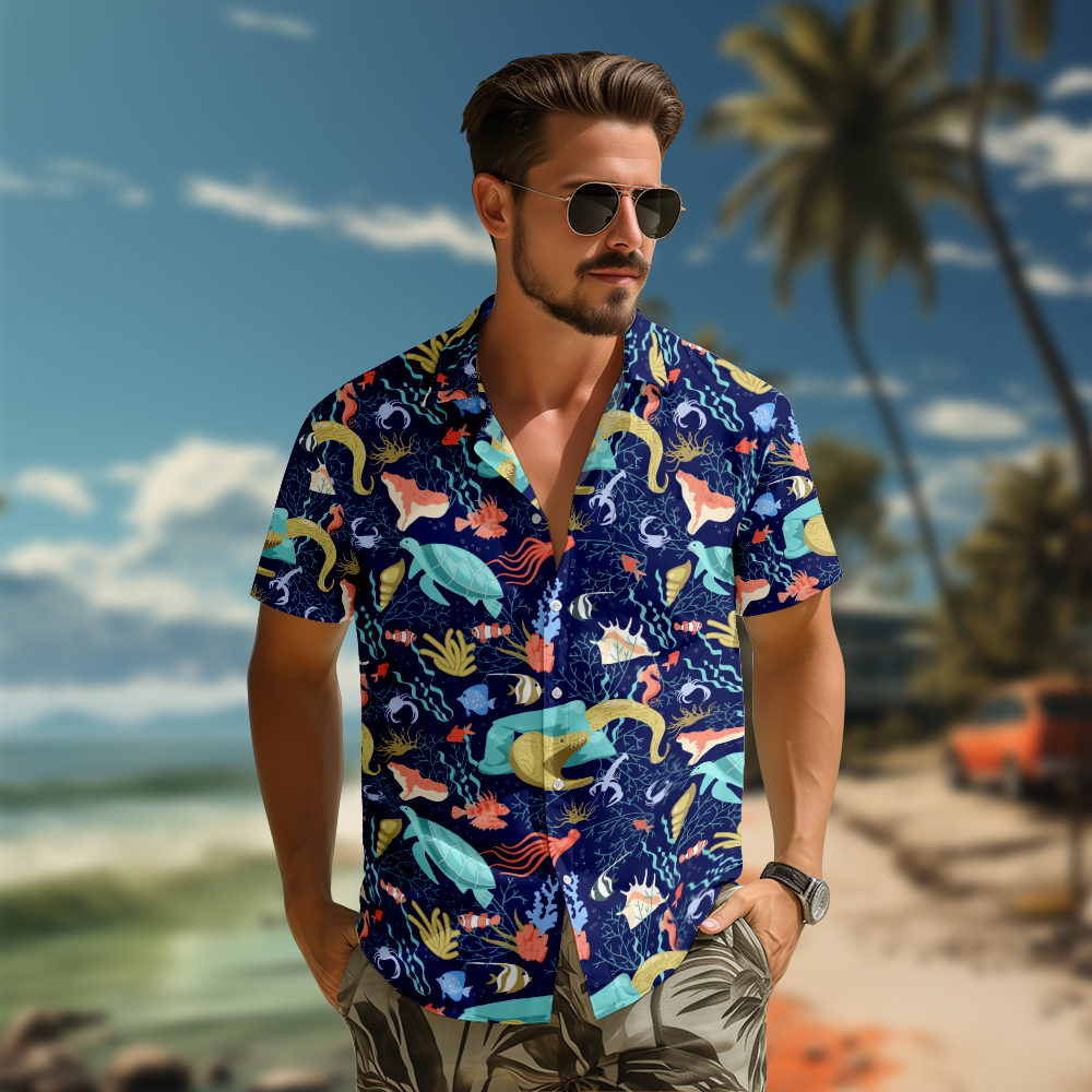 100% Cotton Men's Dark Blue Ocean Print Short Sleeve Shirt