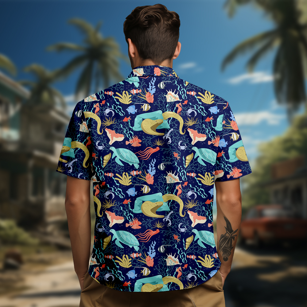 100% Cotton Men's Dark Blue Ocean Print Short Sleeve Shirt