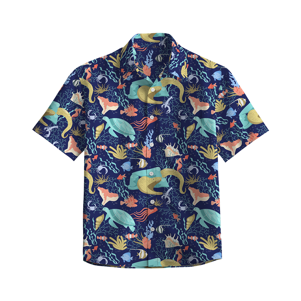 100% Cotton Men's Dark Blue Ocean Print Short Sleeve Shirt