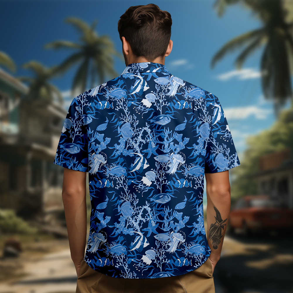 100% Cotton Men's Blue Ocean Print Short Sleeve Shirt