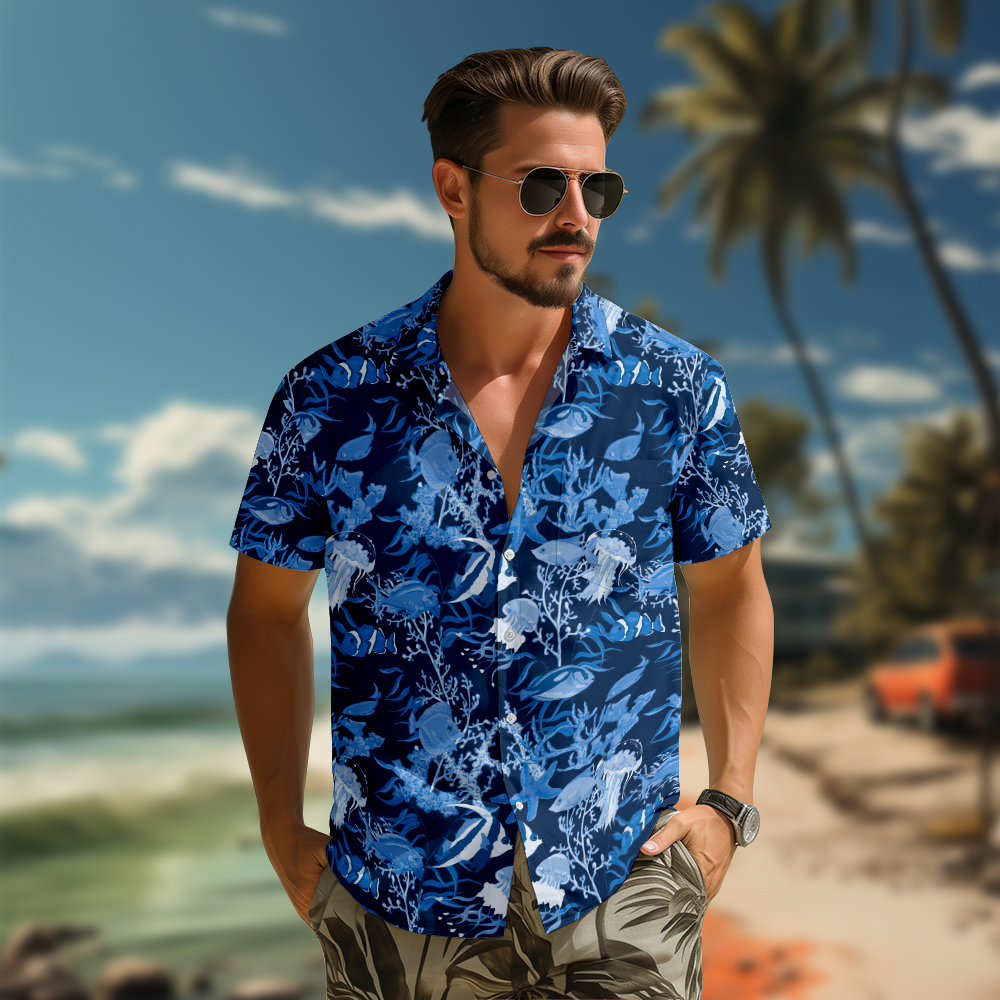 100% Cotton Men's Blue Ocean Print Short Sleeve Shirt