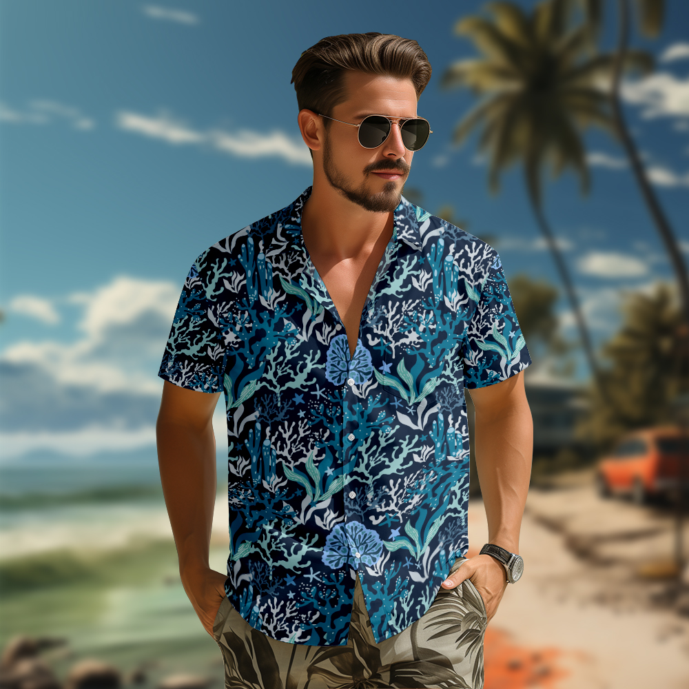 100% Cotton Men's Green Seaweed Print Short Sleeve Shirt