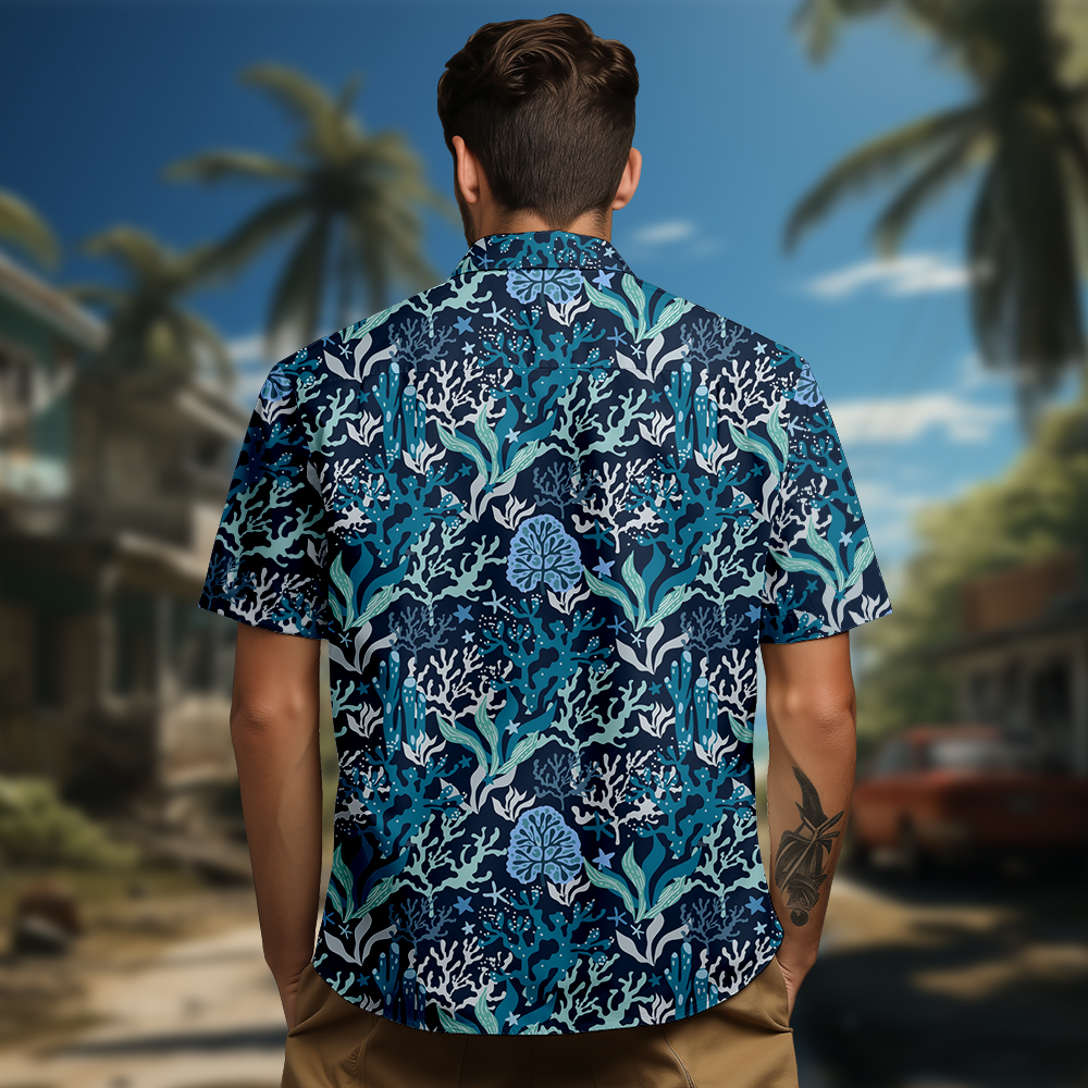 100% Cotton Men's Green Seaweed Print Short Sleeve Shirt