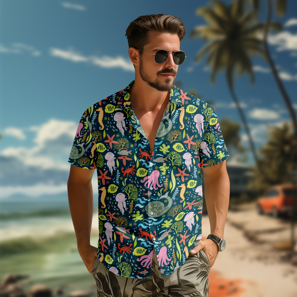 100% Cotton Men's Green Ocean Print Short Sleeve Shirt