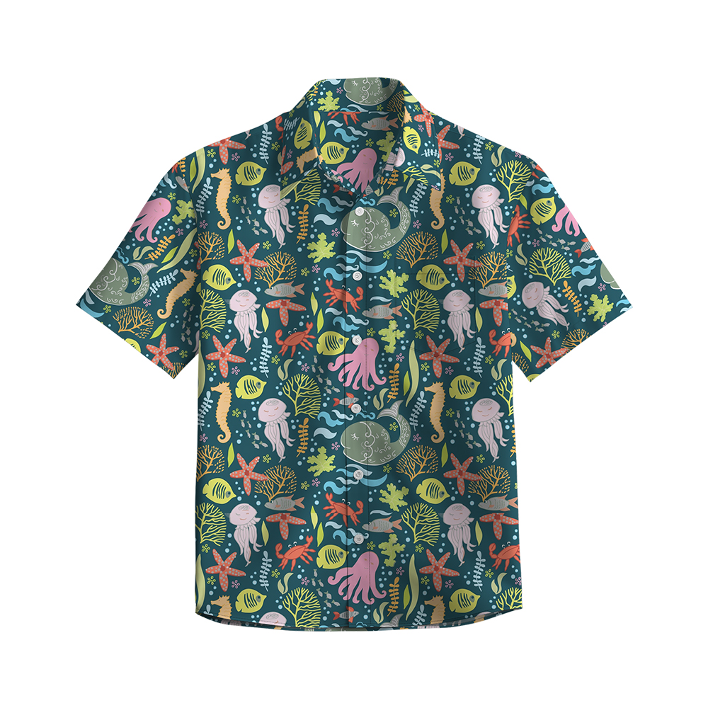 100% Cotton Men's Green Ocean Print Short Sleeve Shirt