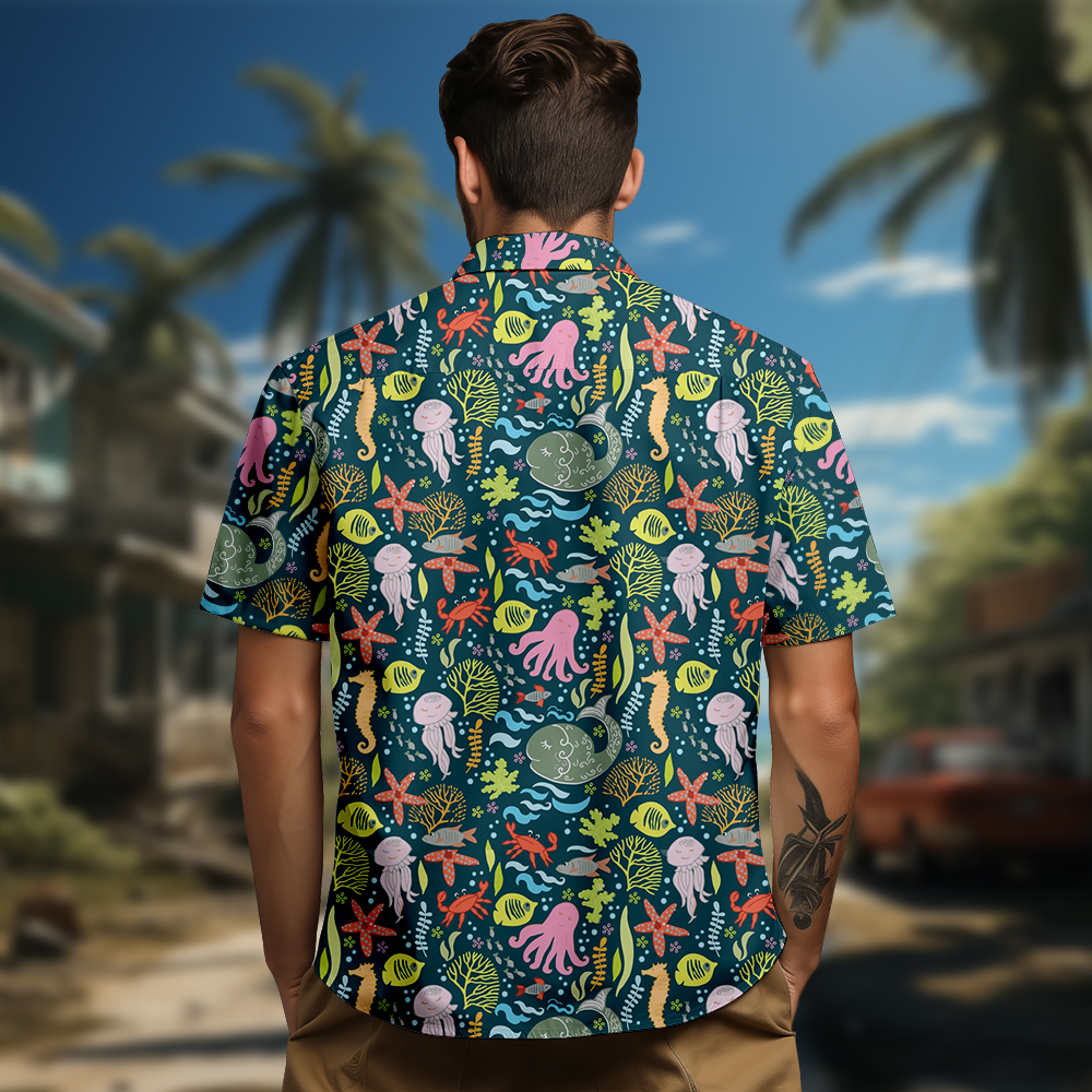 100% Cotton Men's Green Ocean Print Short Sleeve Shirt