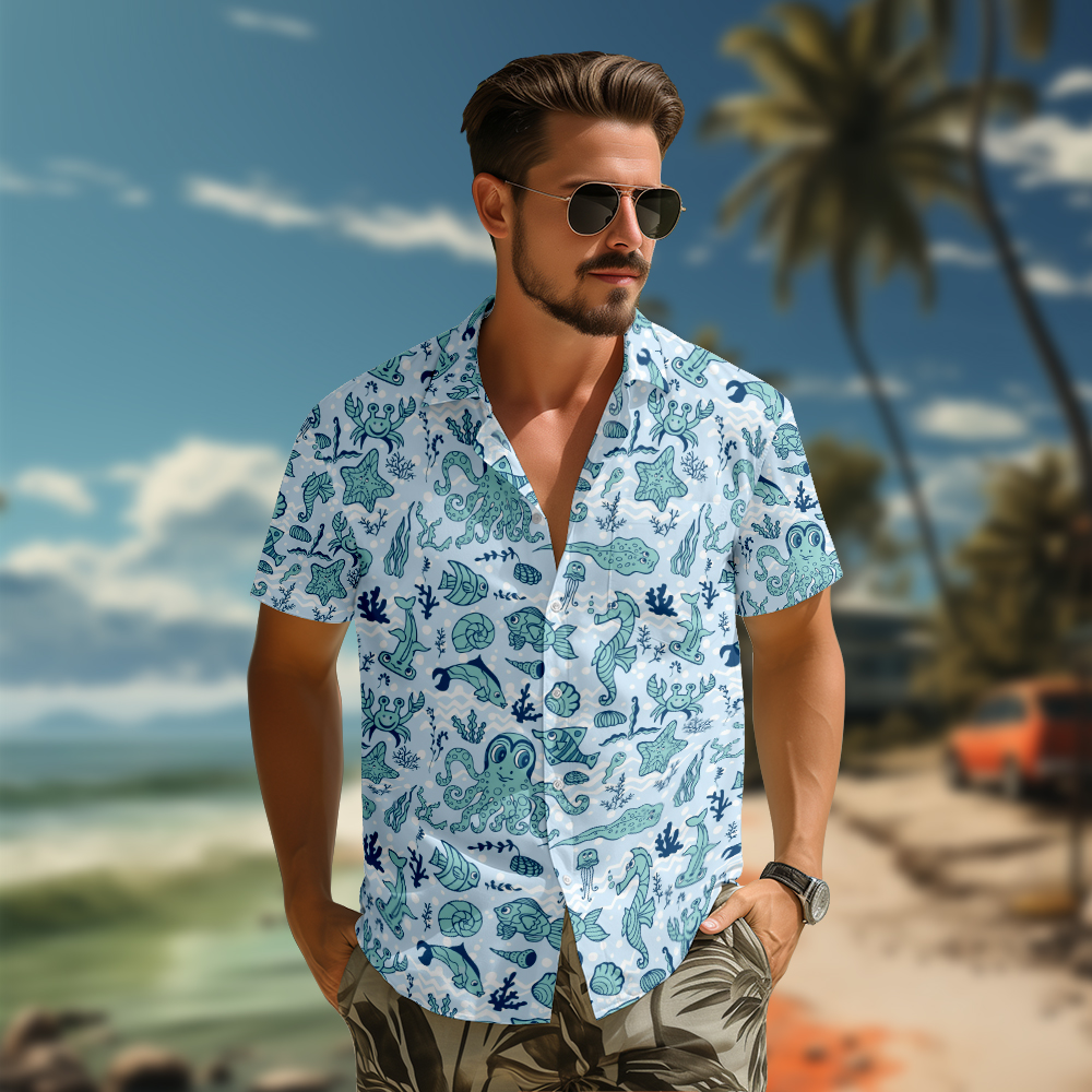 100% Cotton Men's Light Blue Ocean Print Short Sleeve Shirt