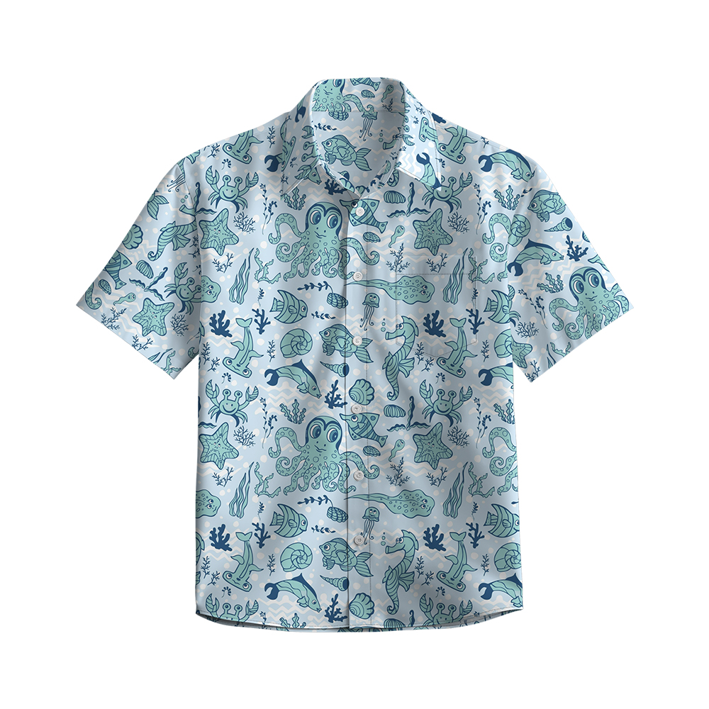 100% Cotton Men's Light Blue Ocean Print Short Sleeve Shirt