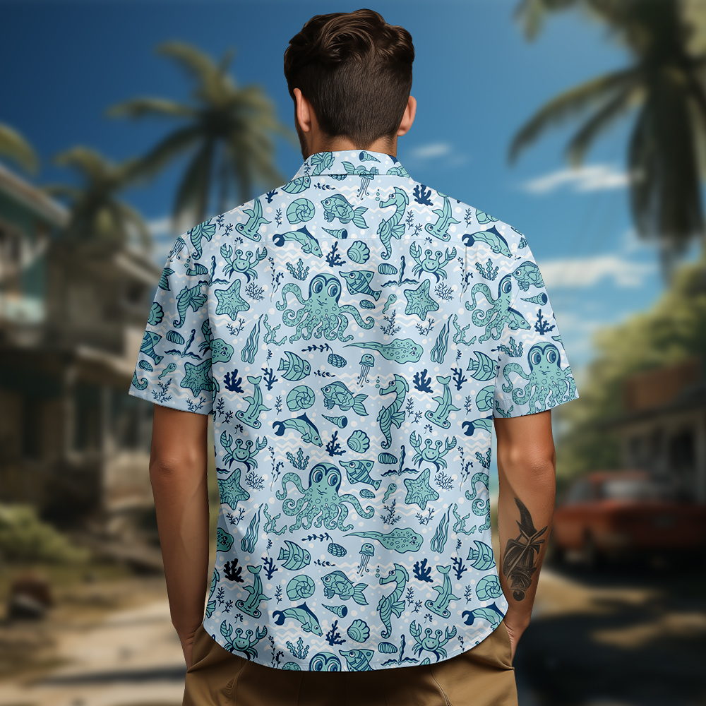 100% Cotton Men's Light Blue Ocean Print Short Sleeve Shirt