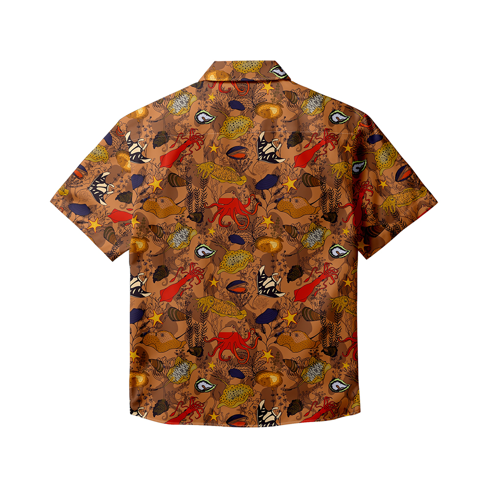 100% Cotton Men's Brown Ocean Print Short Sleeve Shirt