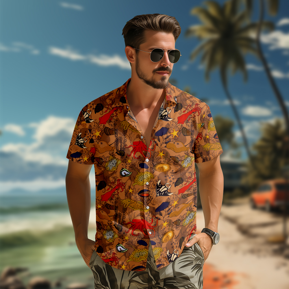 100% Cotton Men's Brown Ocean Print Short Sleeve Shirt
