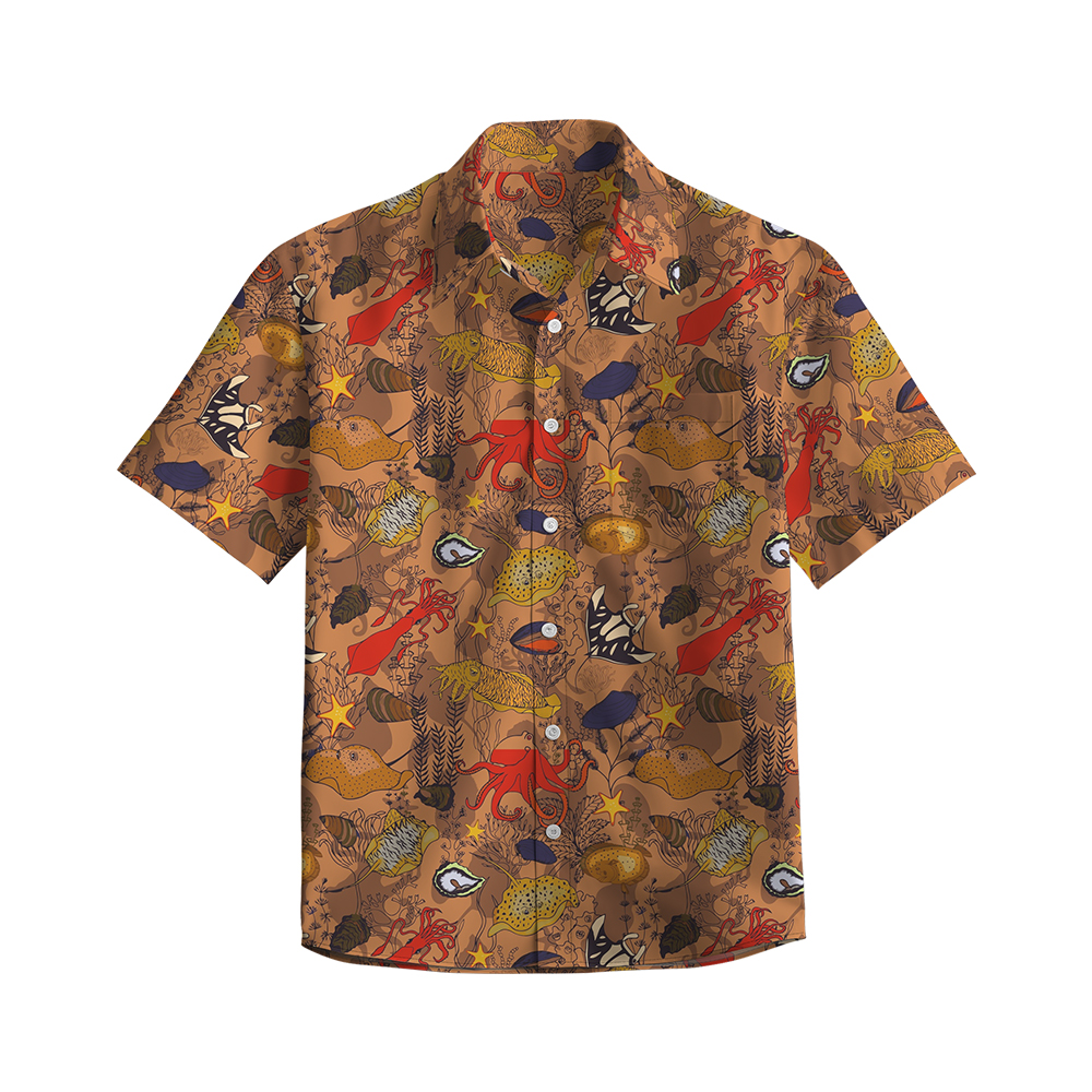 100% Cotton Men's Brown Ocean Print Short Sleeve Shirt