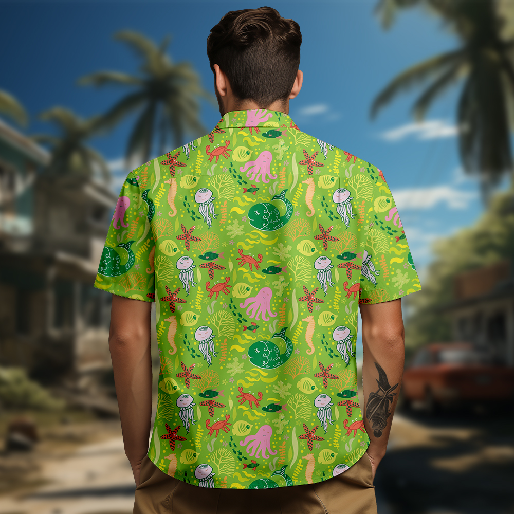 100% Cotton Men's Green Ocean Print Short Sleeve Shirt