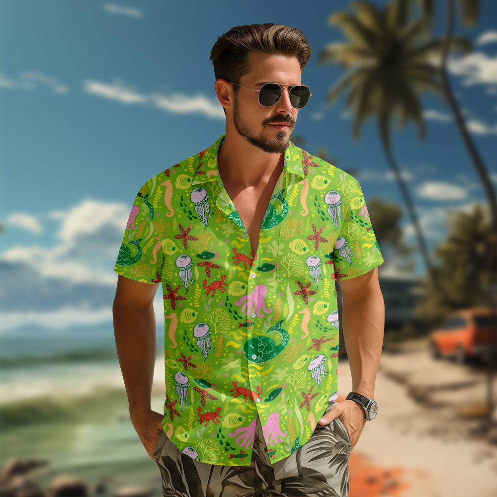 100% Cotton Men's Green Ocean Print Short Sleeve Shirt