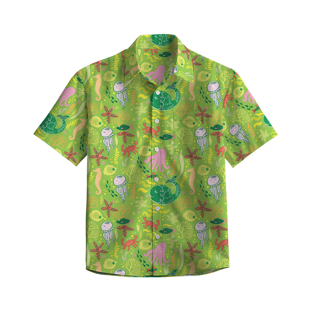 100% Cotton Men's Green Ocean Print Short Sleeve Shirt