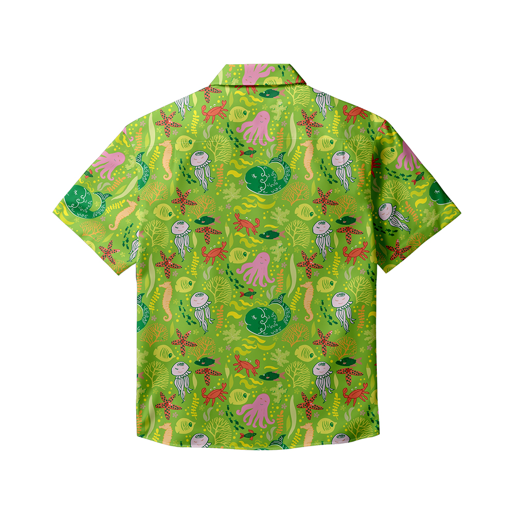 100% Cotton Men's Green Ocean Print Short Sleeve Shirt