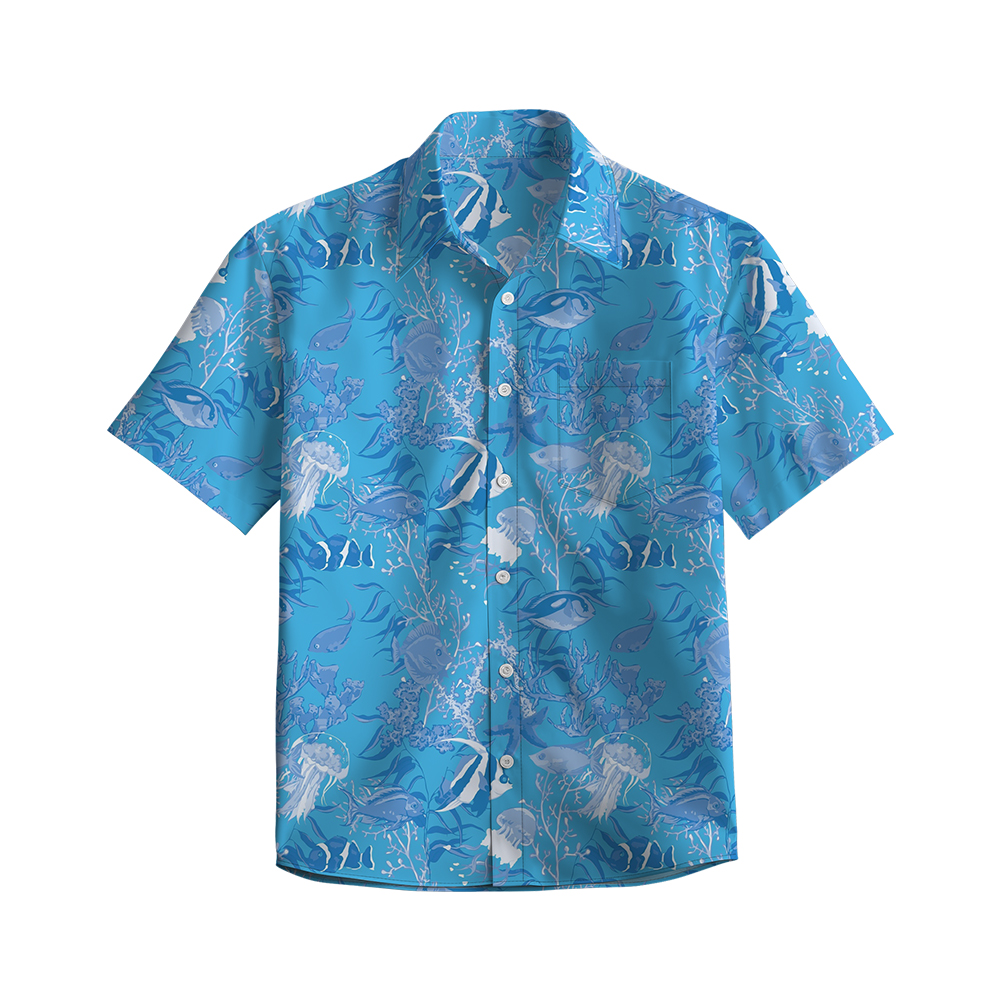 100% Cotton Men's Blue Ocean Fish Print Short Sleeve Shirt