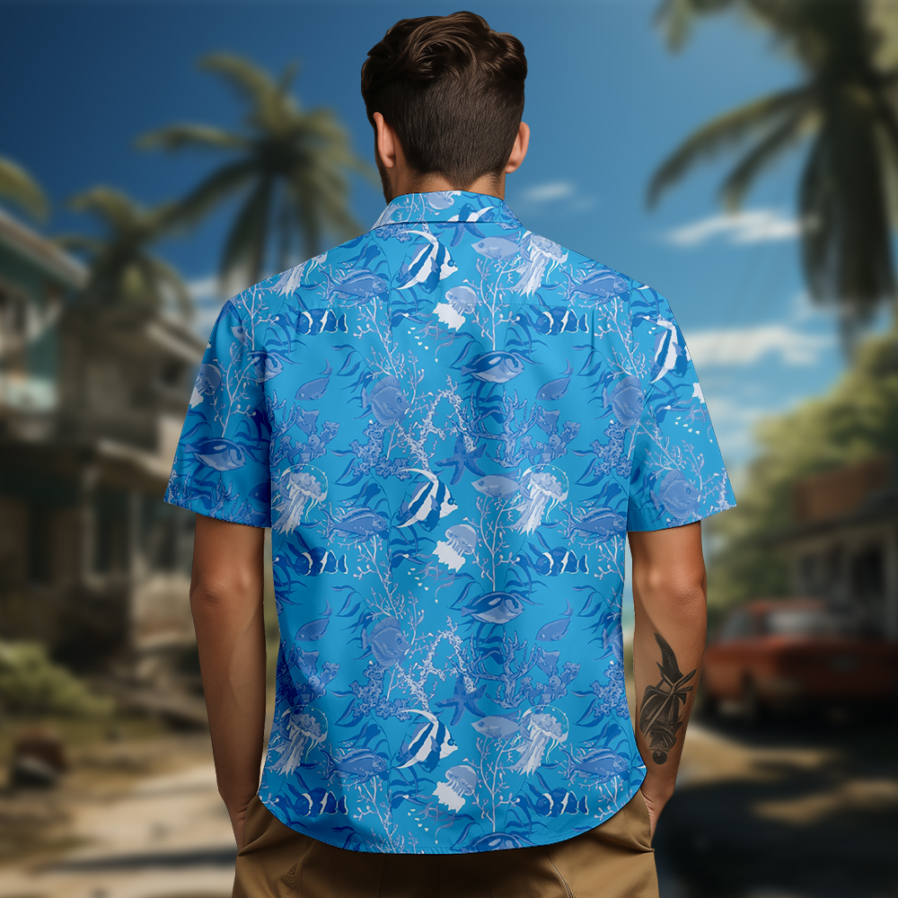 100% Cotton Men's Blue Ocean Fish Print Short Sleeve Shirt