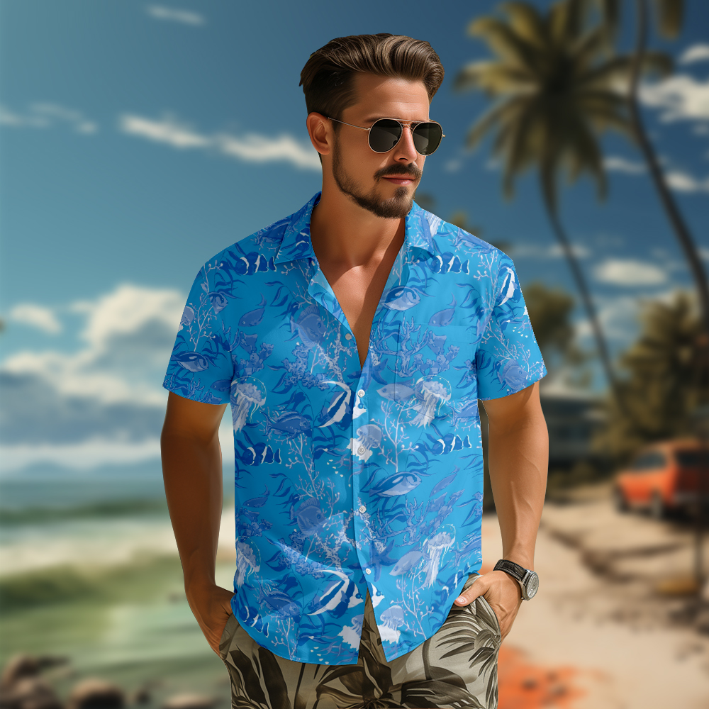 100% Cotton Men's Blue Ocean Fish Print Short Sleeve Shirt