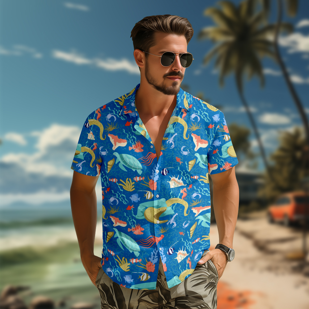 100% Cotton Men's Blue Ocean Print Short Sleeve Shirt