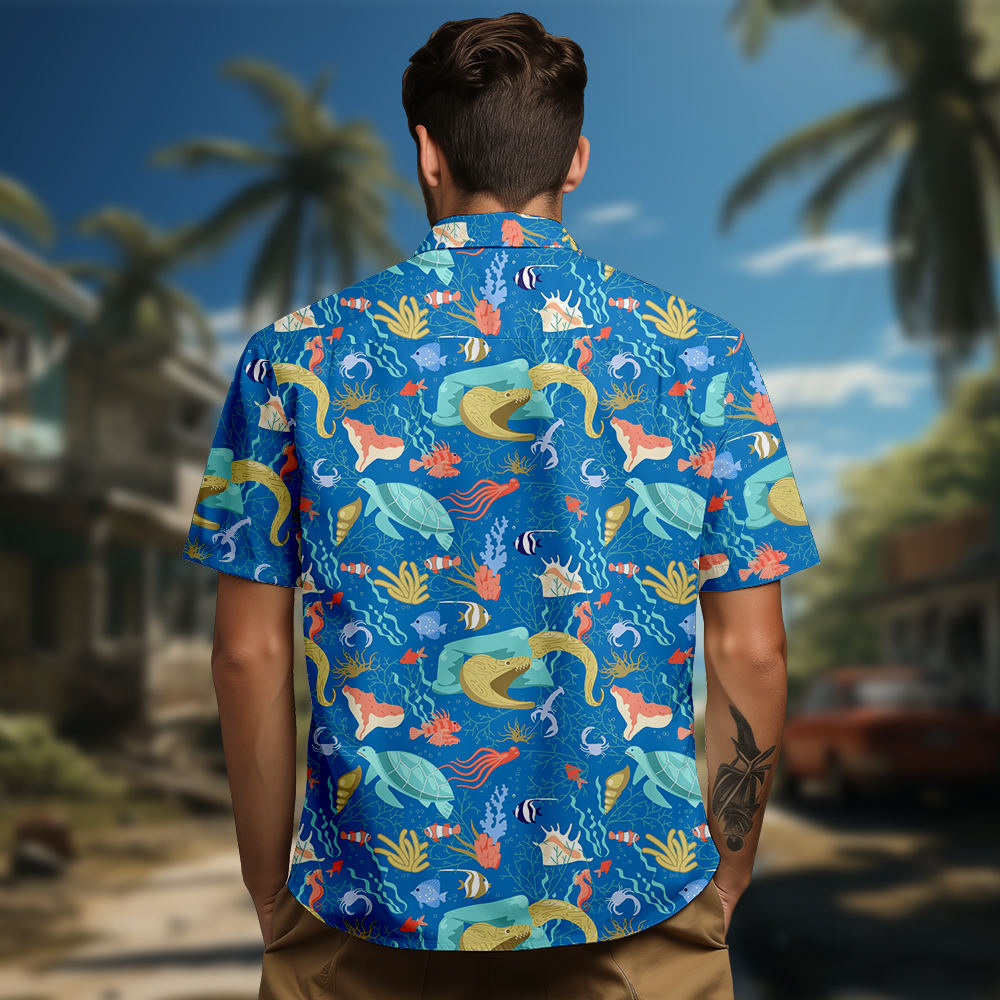 100% Cotton Men's Blue Ocean Print Short Sleeve Shirt