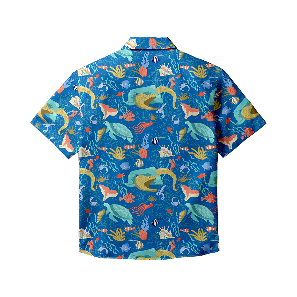 100% Cotton Men's Blue Ocean Print Short Sleeve Shirt