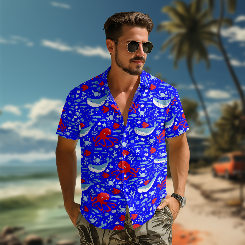 100% Cotton Men's Blue Whale Red Octopus Print Short Sleeve Shirt