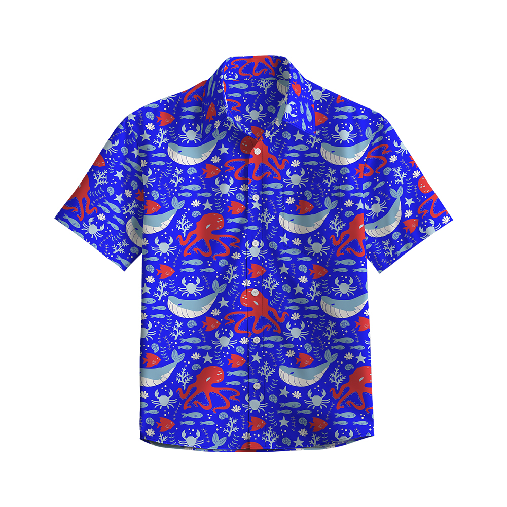 100% Cotton Men's Blue Whale Red Octopus Print Short Sleeve Shirt