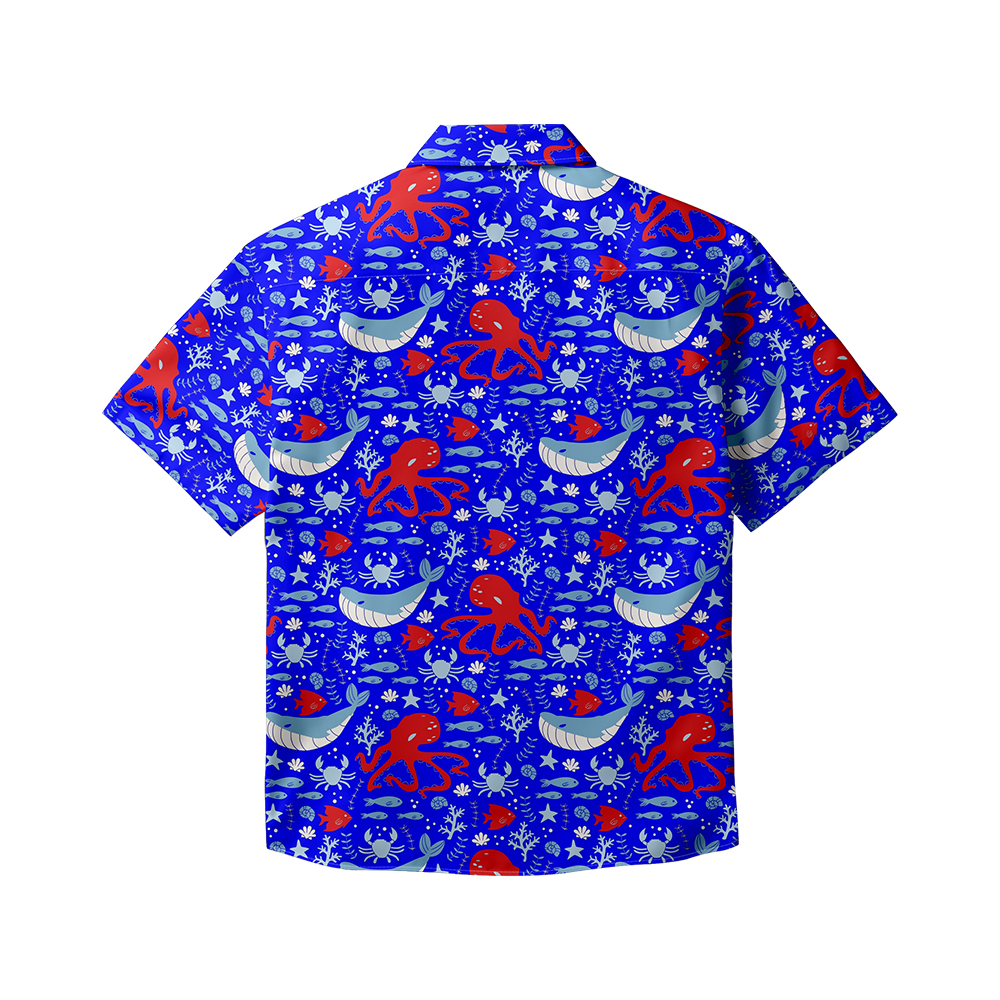 100% Cotton Men's Blue Whale Red Octopus Print Short Sleeve Shirt