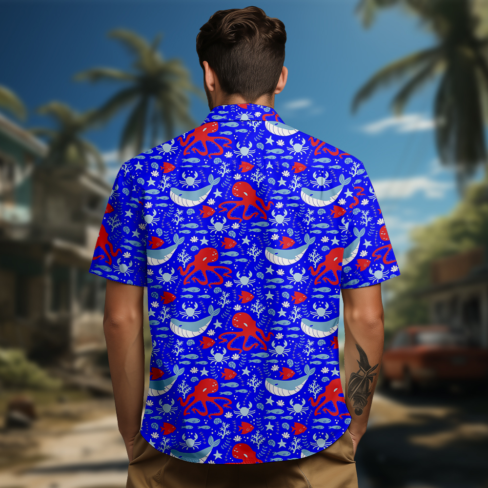 100% Cotton Men's Blue Whale Red Octopus Print Short Sleeve Shirt