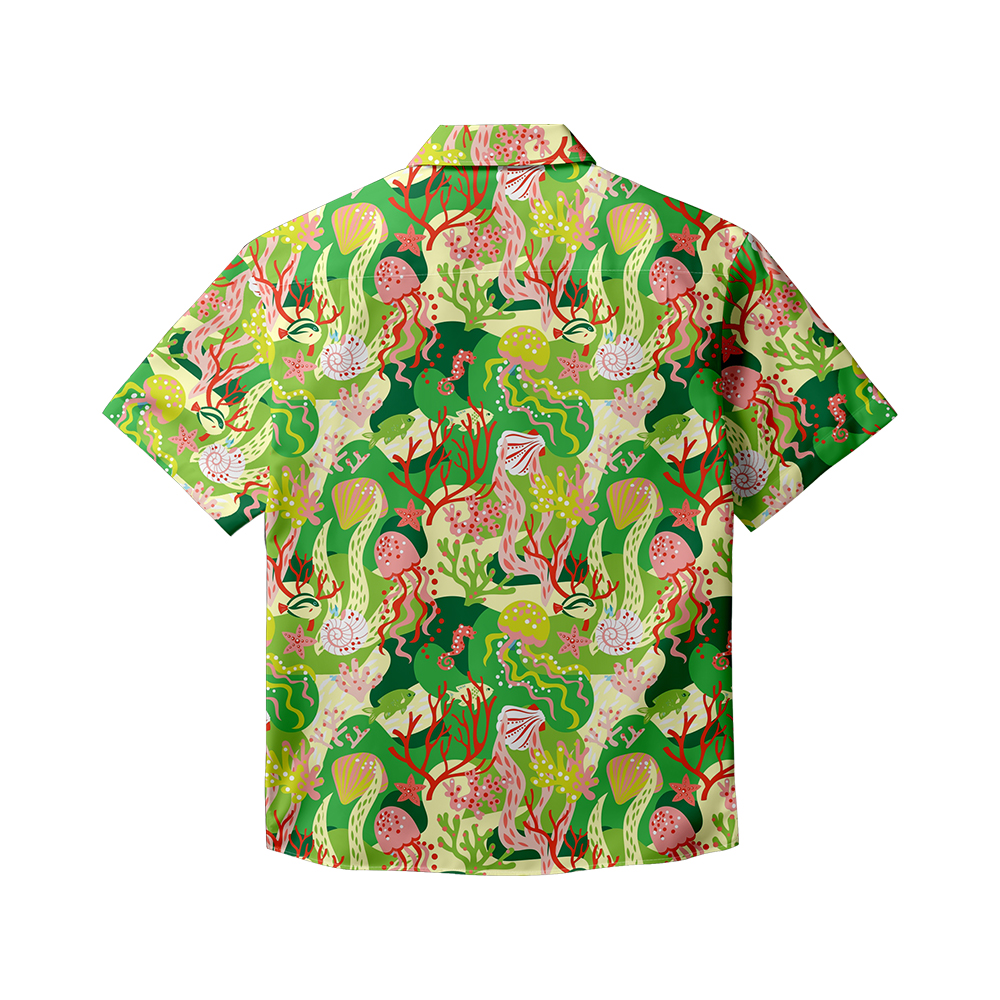 100% Cotton Men's Green Ocean Print Short Sleeve Shirt