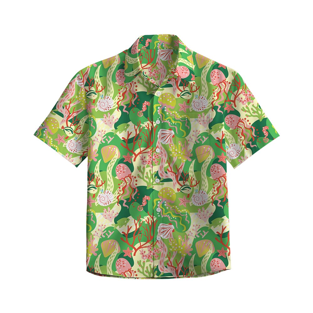 100% Cotton Men's Green Ocean Print Short Sleeve Shirt
