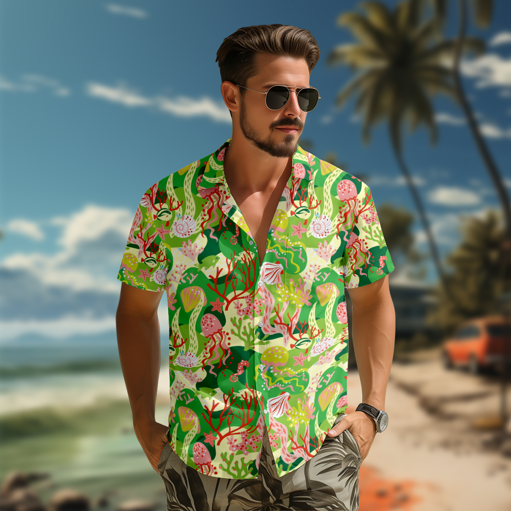 100% Cotton Men's Green Ocean Print Short Sleeve Shirt