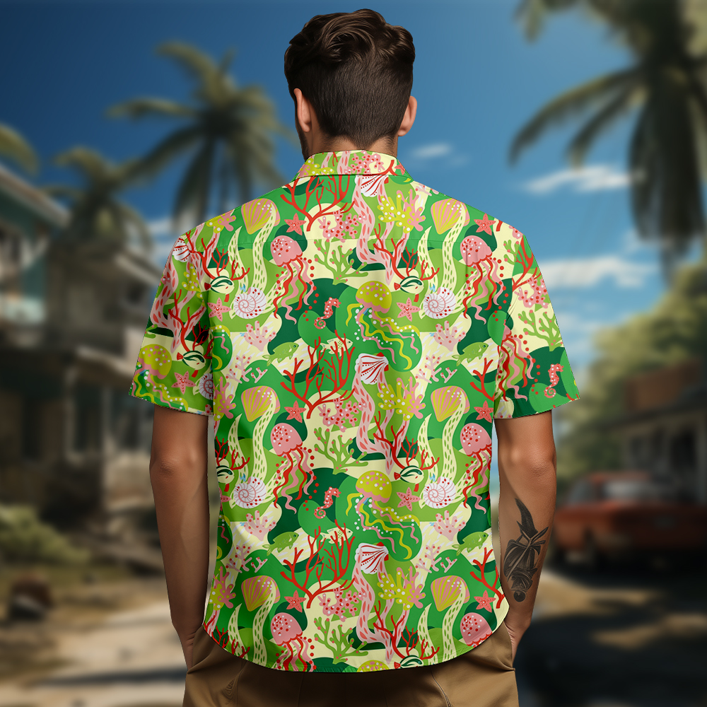 100% Cotton Men's Green Ocean Print Short Sleeve Shirt