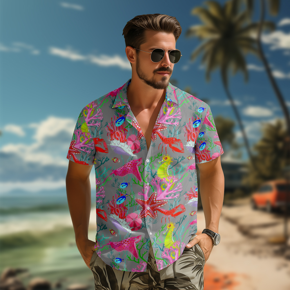 100% Cotton Men's Grey Ocean Print Short Sleeve Shirt