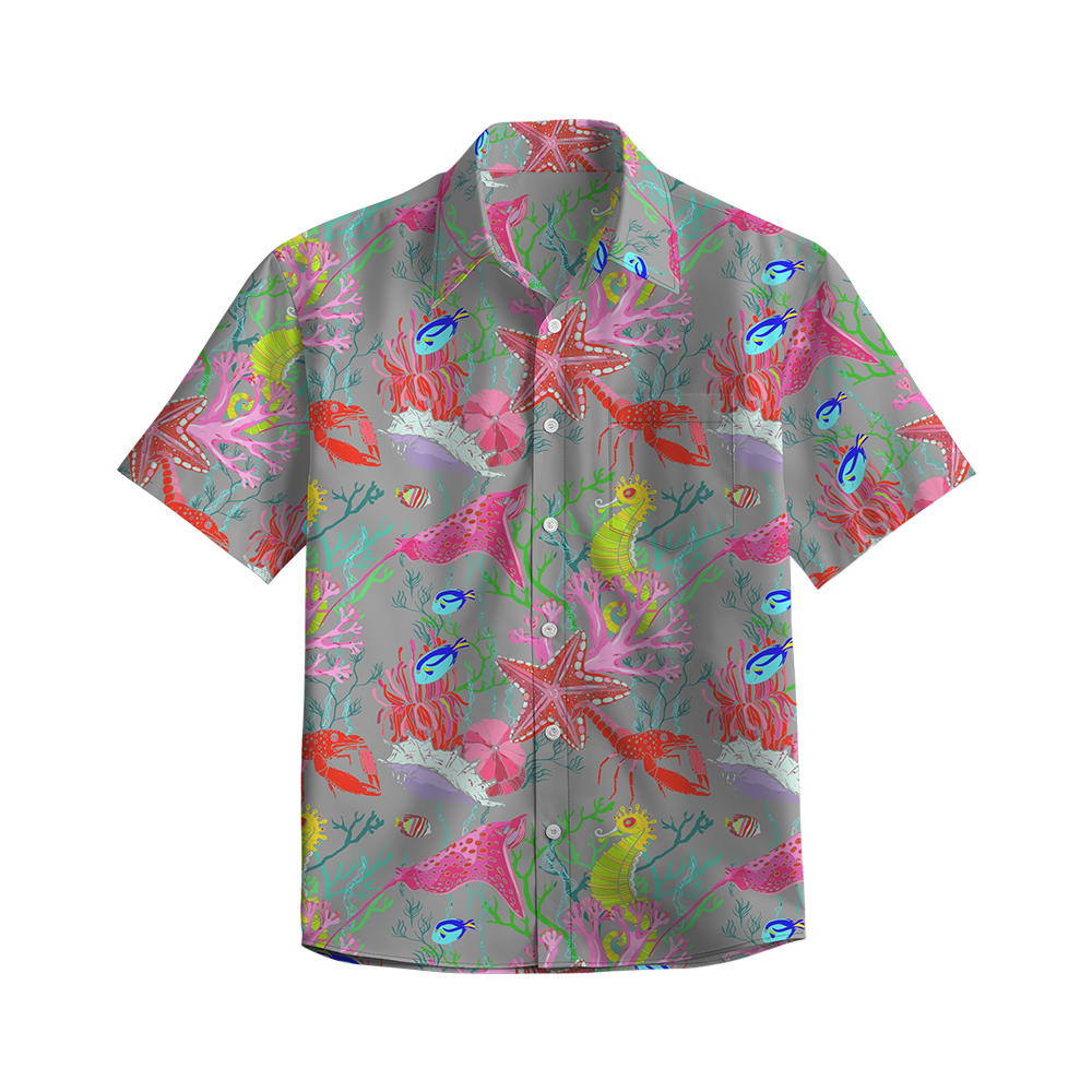 100% Cotton Men's Grey Ocean Print Short Sleeve Shirt