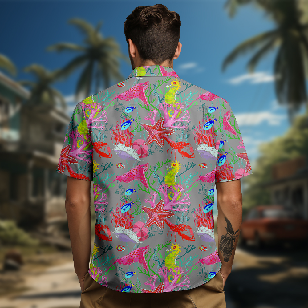 100% Cotton Men's Grey Ocean Print Short Sleeve Shirt