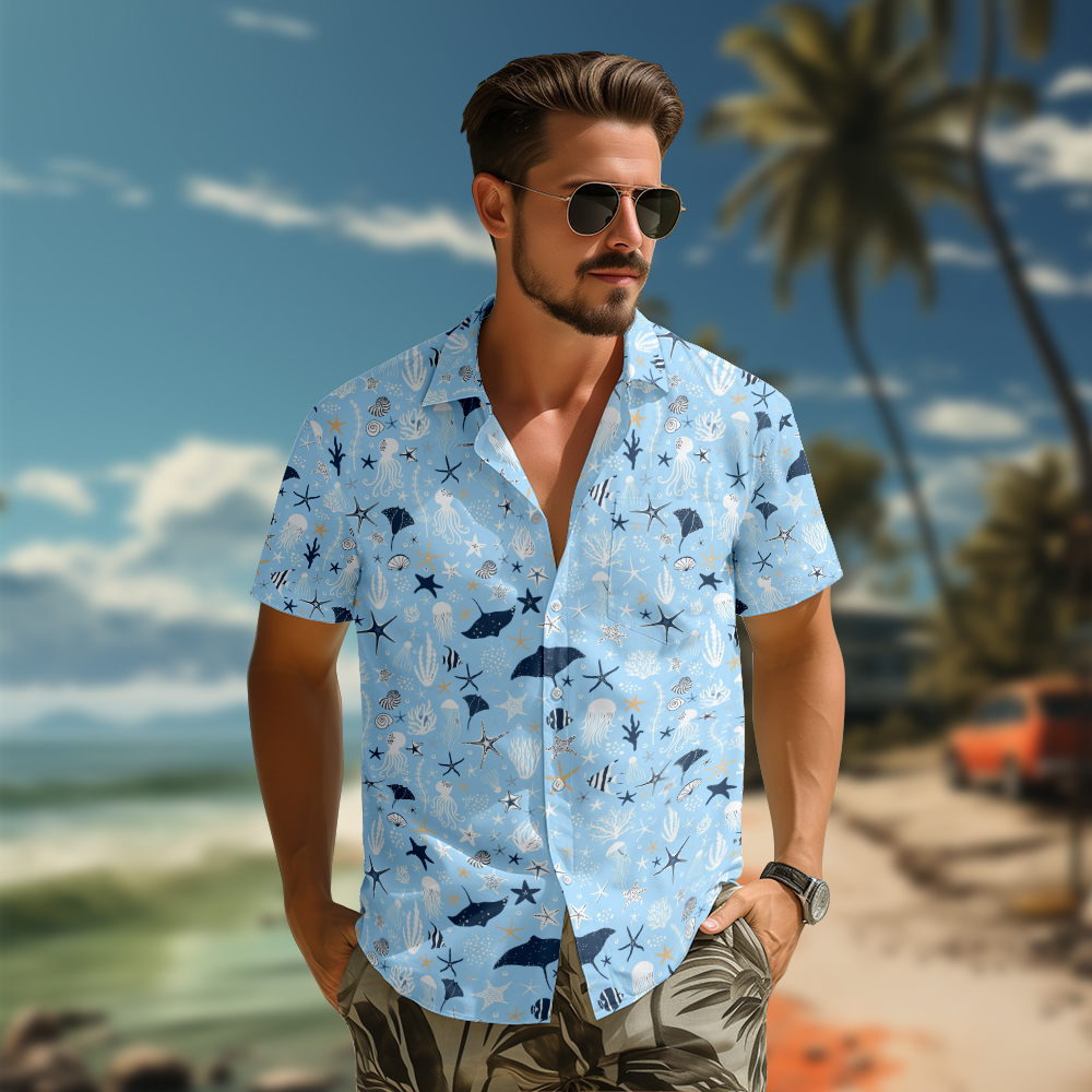 100% Cotton Men's Light Blue Ocean Print Short Sleeve Shirt