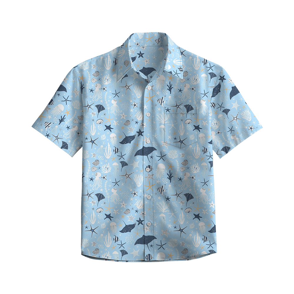 100% Cotton Men's Light Blue Ocean Print Short Sleeve Shirt