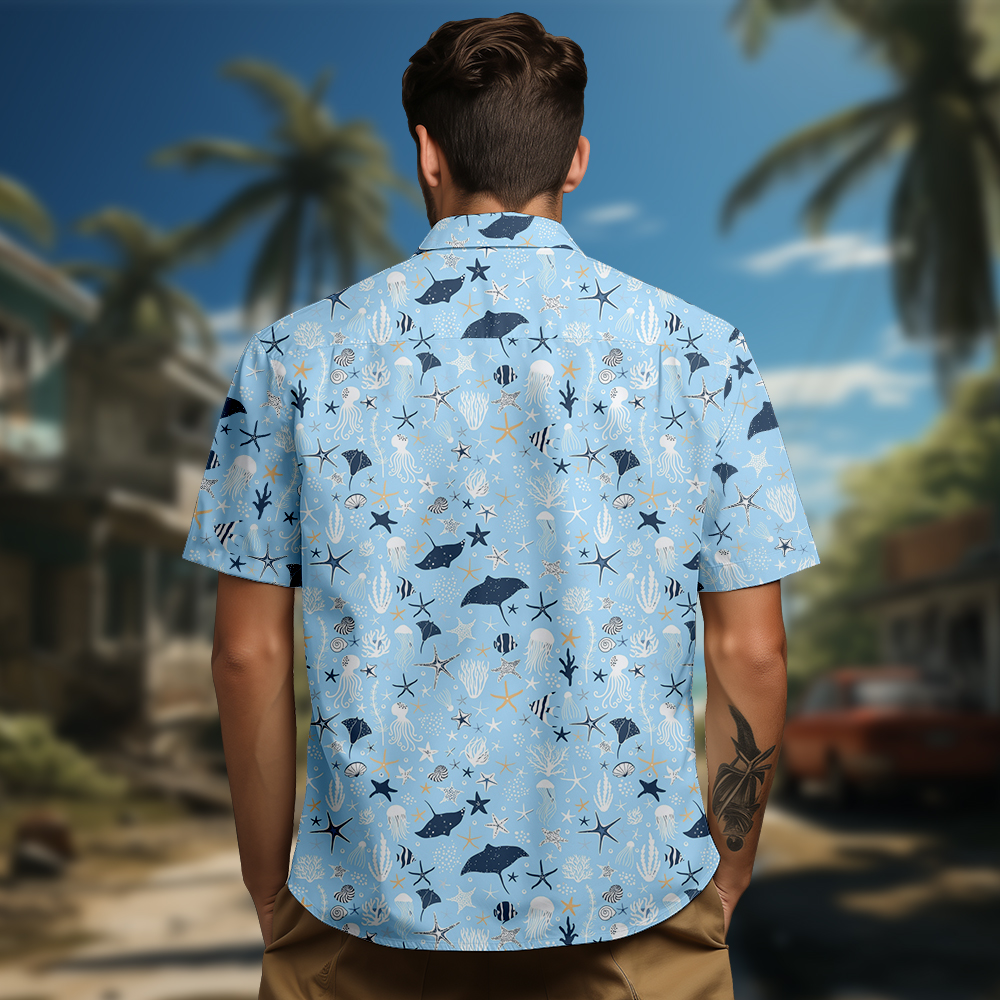 100% Cotton Men's Light Blue Ocean Print Short Sleeve Shirt