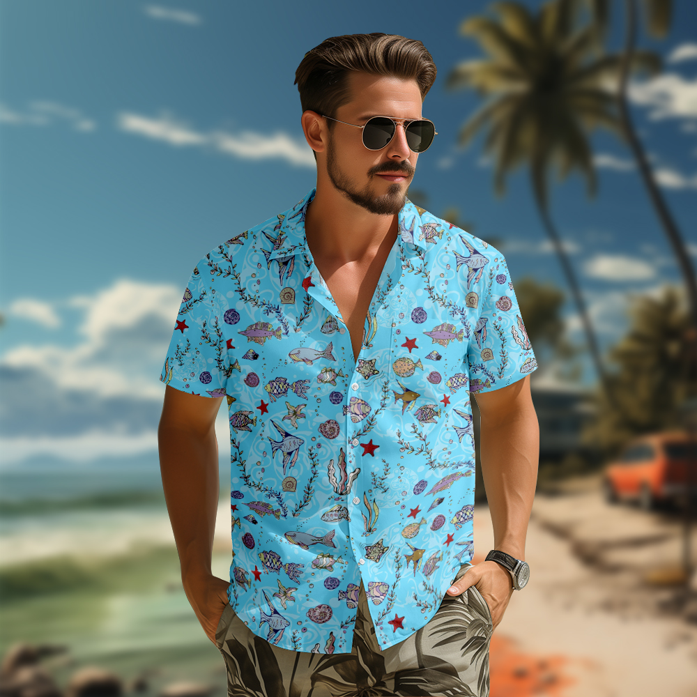 100% Cotton Men's Light Blue Sea Ocean Print Short Sleeve Shirt