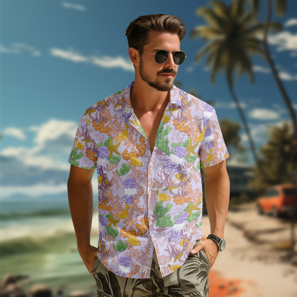 100% Cotton Men's Purple Ocean Print Short Sleeve Shirt