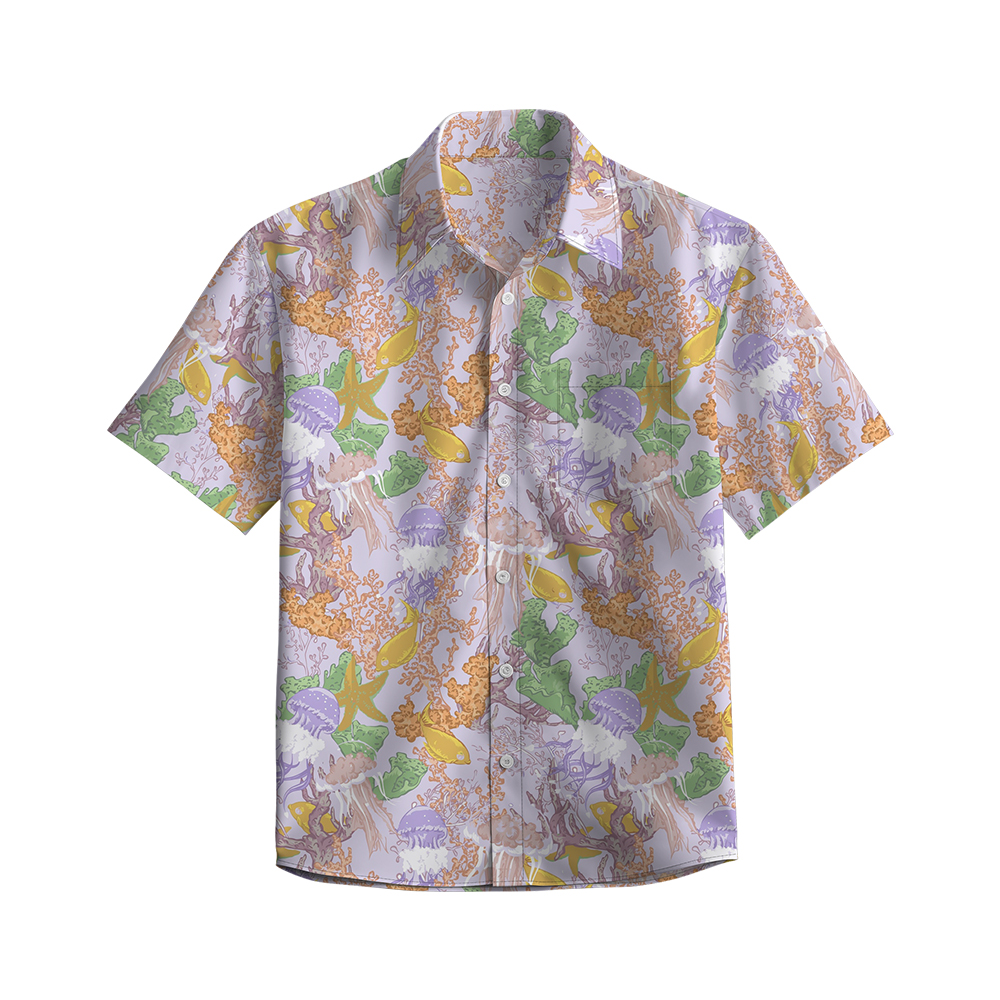 100% Cotton Men's Purple Ocean Print Short Sleeve Shirt